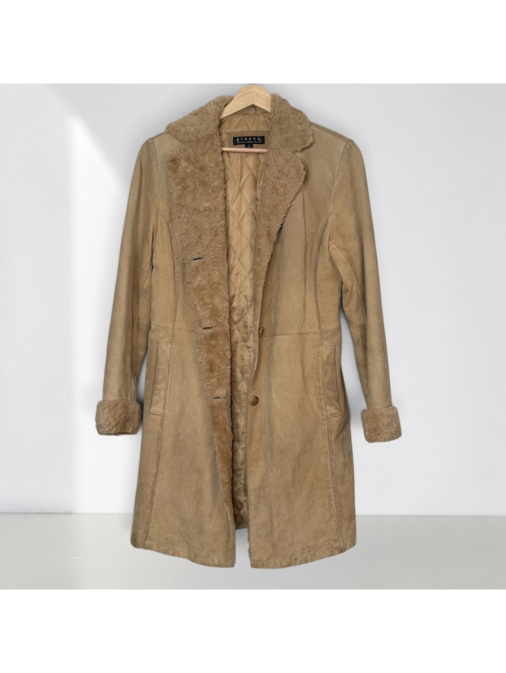 Penny Lane Genuine Leather Shearling Trim Long Coat Tan Y2K Penny Lane Style